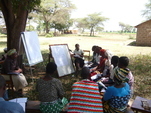 Research participants discussing in front of a board